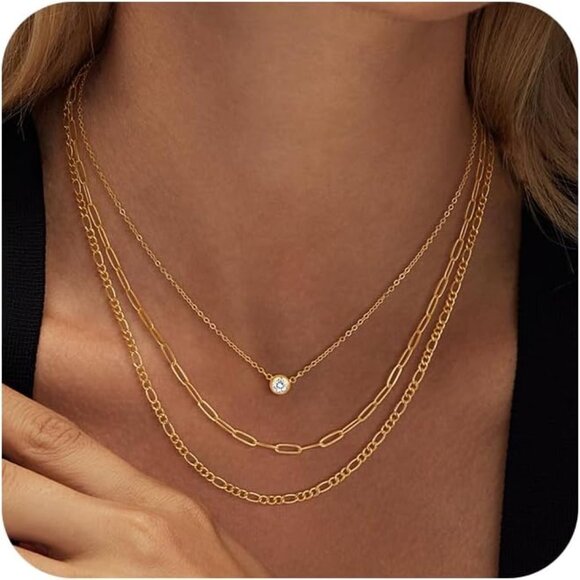 Gold Layered Set Necklaces for Women 14K Gold Plated CZ Herringbone Snake Cuban - Picture 1 of 9